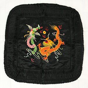 Vintage Dragon Embroidered Black Satin Square Throw Pillow Case Cover 1960s
